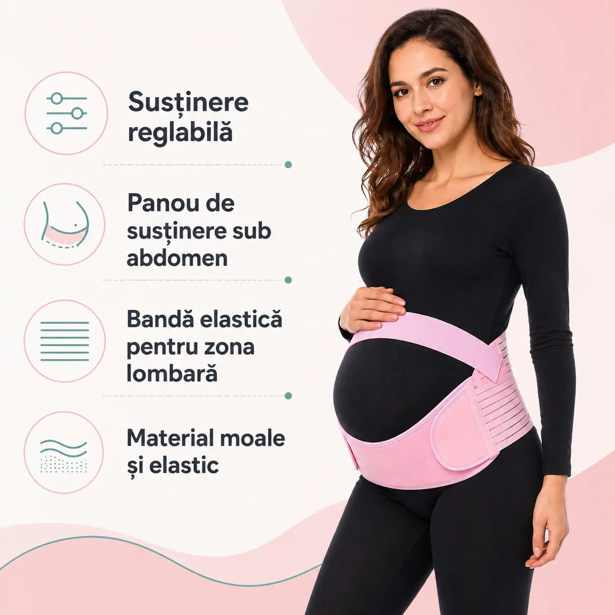 Centură maternală roz cu panou de susținere și bandă elastică reglabilă