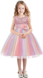 Rochita Curcubeu de Printesa pentru fete, Zi de zi, Petrecere, Tesatura Fina, 5-6 ani, 130 cm, Roz