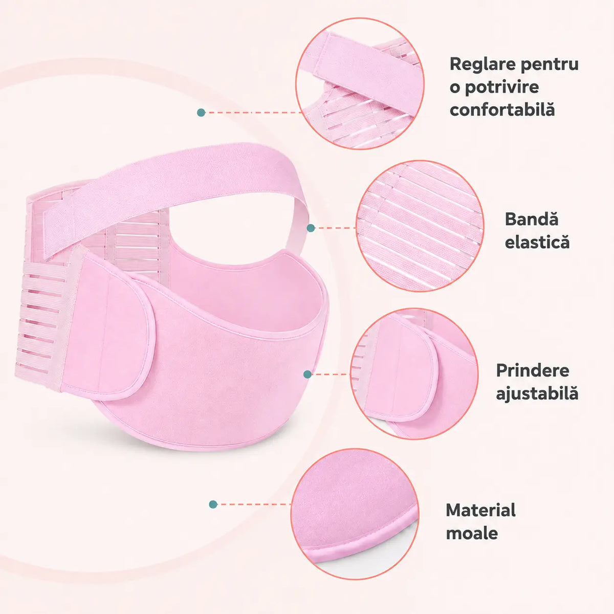 Detalii centură maternală roz cu bandă elastică și prindere ajustabilă