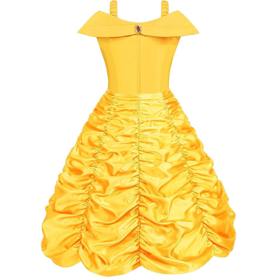 Rochie Belle pentru Copii, Set cu coronita si accesorii, Frumoasa si Bestia, Tesatura fina, 6-7 ani, 140, Galben
