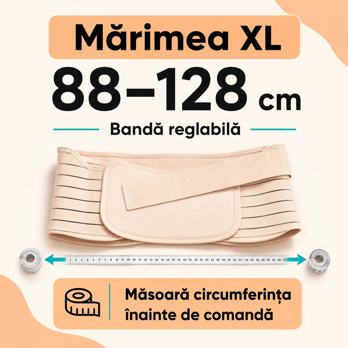 Ghid mărime XL pentru centură maternală crem, 88–128 cm