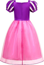 Rochie Printesa Rapunzel pentru copii, Set Bentita cu coada impletita, Coronita si Accesorii, EvrikaUnity®, Tesatura Premium, 6-7 ani, 140 cm, Roz/ Mov