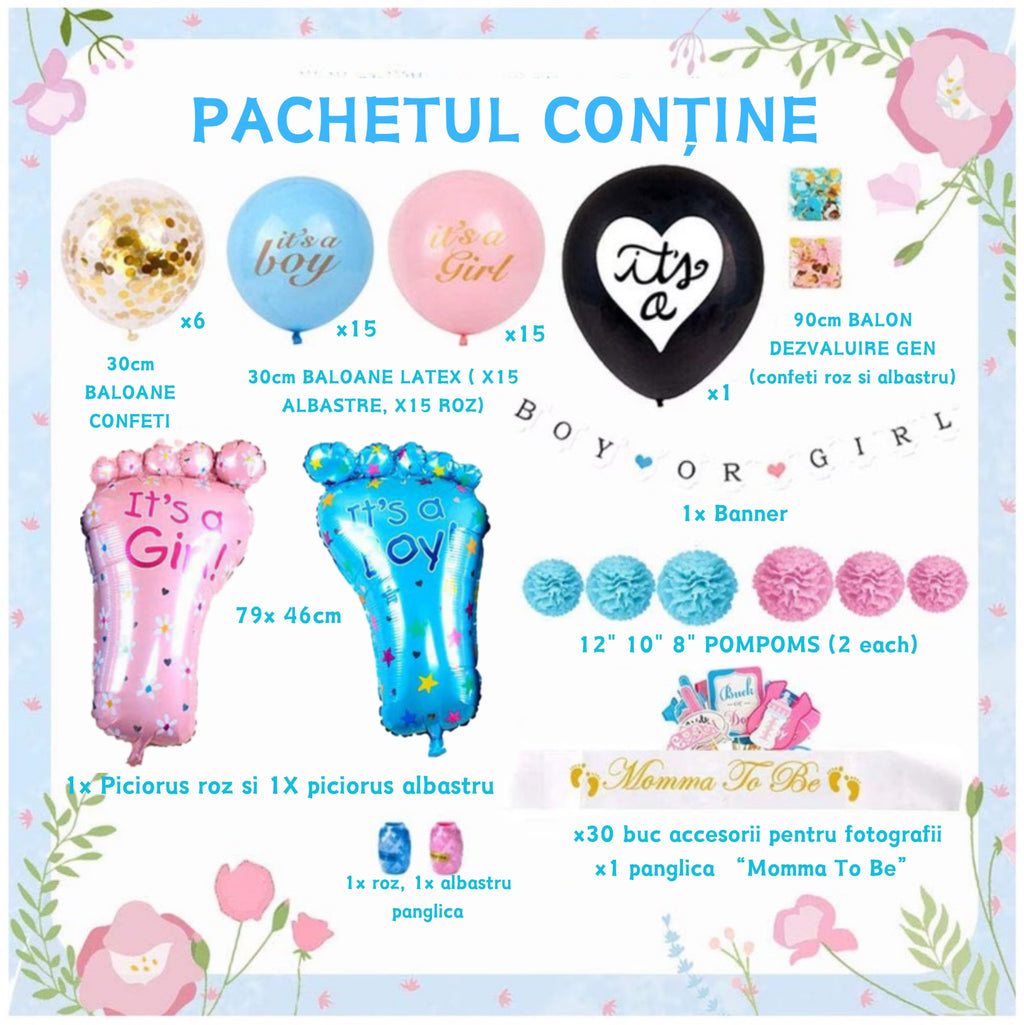 Set 79 de accesorii pentru Gender Reveal cu 39 de Baloane, Picioruse, EvrikaUnity®, Petrecere dezvaluire de gen copil, Latex, 30 photo props, Roz/ Albastru