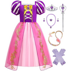 Rochie Printesa Rapunzel pentru copii, Set Bentita cu coada impletita, Coronita si Accesorii, EvrikaUnity®, Tesatura Premium, Roz/ Mov - 110 cm