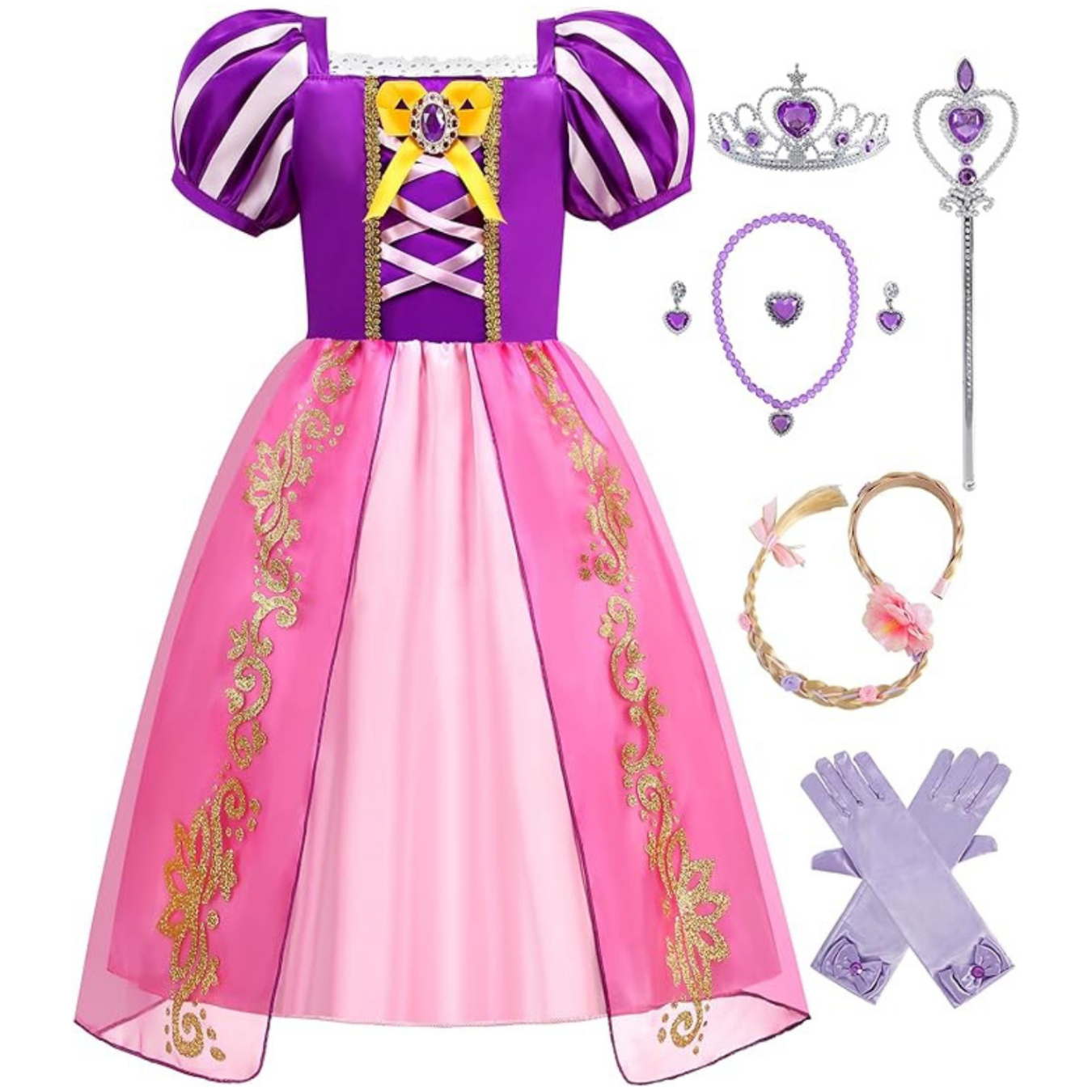 Rochie Printesa Rapunzel pentru copii, Set Bentita cu coada impletita, Coronita si Accesorii, EvrikaUnity®, Tesatura Premium, Roz/ Mov - 110 cm