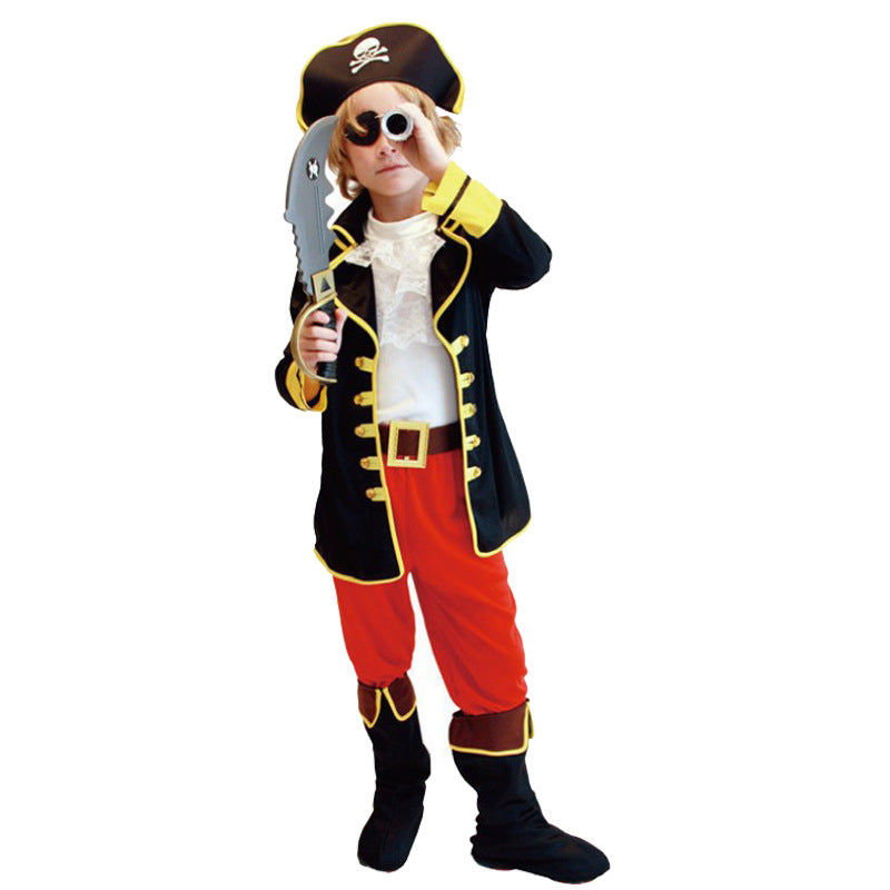Costum Pirat pentru copii, Set cu Palarie si Petic de ochi, EvrikaUnity®, Tesatura Premium, 7-8 ani, 150 cm, Rosu/ Negru