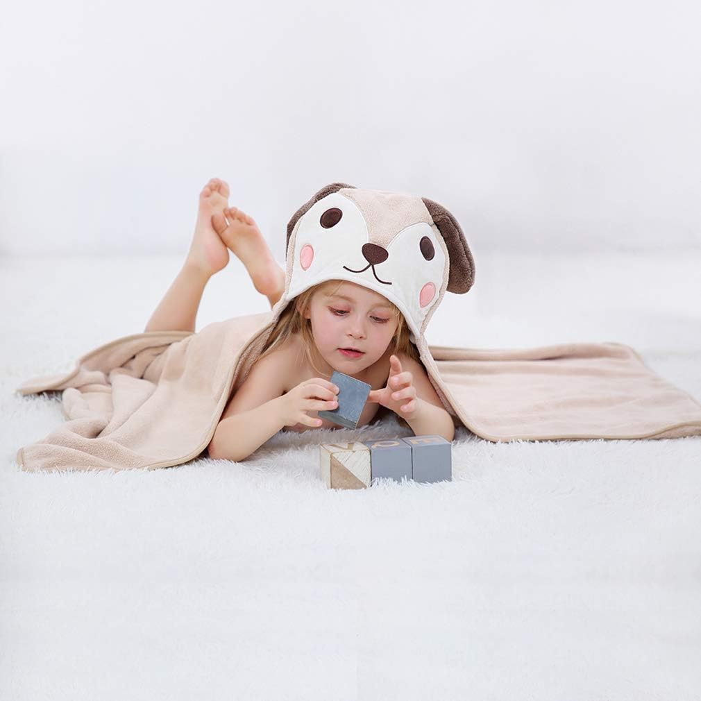 Prosop de Baie cu Gluga pentru Copii, Model Catelus, Super Absorbant, Moale si Pufos, 120x70 cm, Crem
