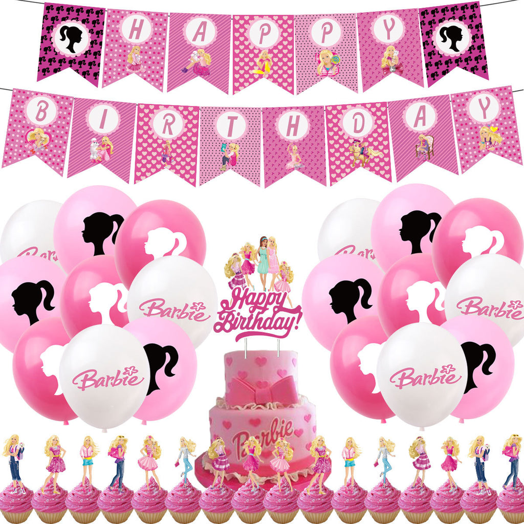 Set 24 baloane copii, Barbie, Barbieland, Petrecere Aniversara, EvrikaUnity®, Latex, 1 Banner Happy Birthday, 16 Cupcake Topper, 1 Cake Topper, Roz/ Roz deschis/ Alb