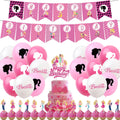 Set 24 baloane copii, Barbie, Barbieland, Petrecere Aniversara, EvrikaUnity®, Latex, 1 Banner Happy Birthday, 16 Cupcake Topper, 1 Cake Topper, Roz/ Roz deschis/ Alb