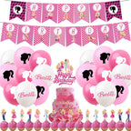 Set 24 baloane copii, Barbie, Barbieland, Petrecere Aniversara, EvrikaUnity®, Latex, 1 Banner Happy Birthday, 16 Cupcake Topper, 1 Cake Topper, Roz/ Roz deschis/ Alb