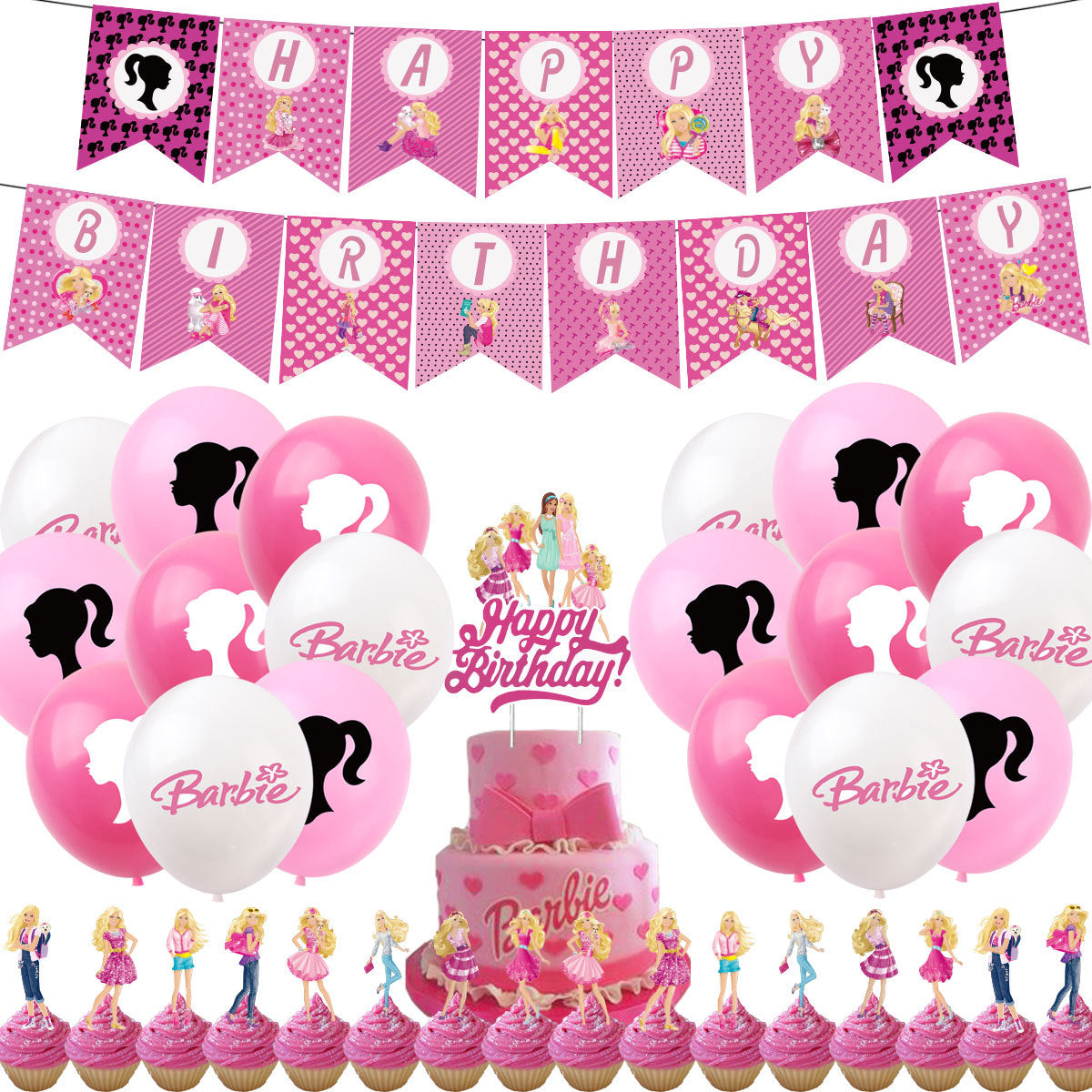 Set 24 baloane copii, Barbie, Barbieland, Petrecere Aniversara, EvrikaUnity®, Latex, 1 Banner Happy Birthday, 16 Cupcake Topper, 1 Cake Topper, Roz/ Roz deschis/ Alb