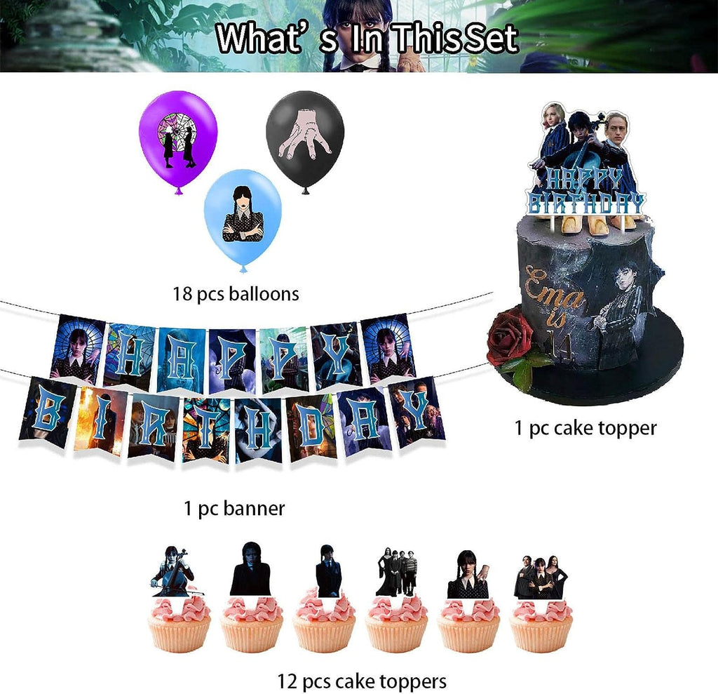 Set 18 baloane copii, Wednesday Addams, Petrecere Aniversara, EvrikaUnity®, Latex, 1 Banner Happy Birthday, 12 Cupcake Topper, 1 Cake Topper, Mov / Roz / Albastru