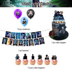 Set 18 baloane copii, Wednesday Addams, Petrecere Aniversara, EvrikaUnity®, Latex, 1 Banner Happy Birthday, 12 Cupcake Topper, 1 Cake Topper, Mov / Roz / Albastru