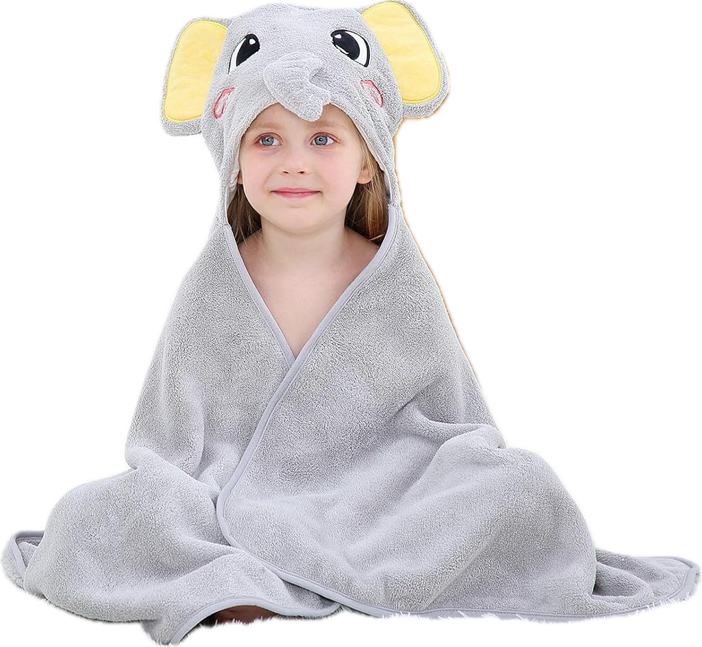 Prosop de Baie cu Gluga pentru Copii, Model Elefant, Super Absorbant, Moale si Pufos, 120x70 cm, Gri