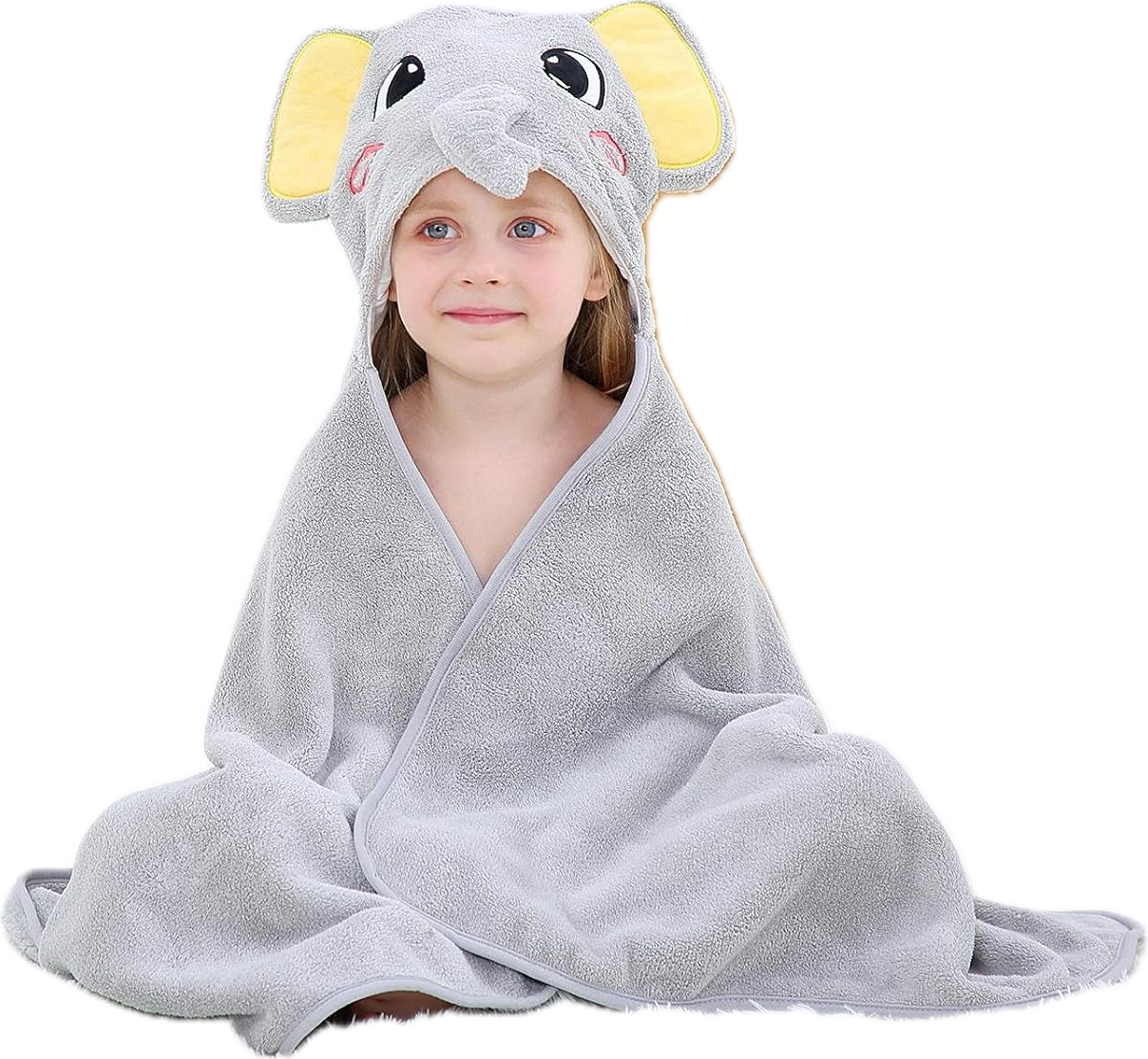 Prosop de Baie cu Gluga pentru Copii, Model Elefant, Super Absorbant, Moale si Pufos, 120x70 cm, Gri