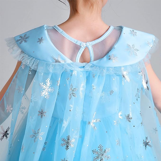 Rochie Elsa Frozen pentru Copii, Set cu Coronita, Coada, Bijuterii si Accesorii, EvrikaUnity®, Tesatura fina, 4-5 ani, 120 cm, Albastru