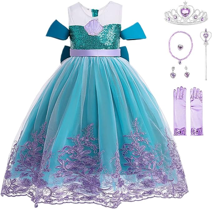 Rochita Sirena de Printesa pentru fete, Set cu Coronita si Accesorii, Tesatura fina, 5-6 ani, 130 cm, Verde smarald/ Mov