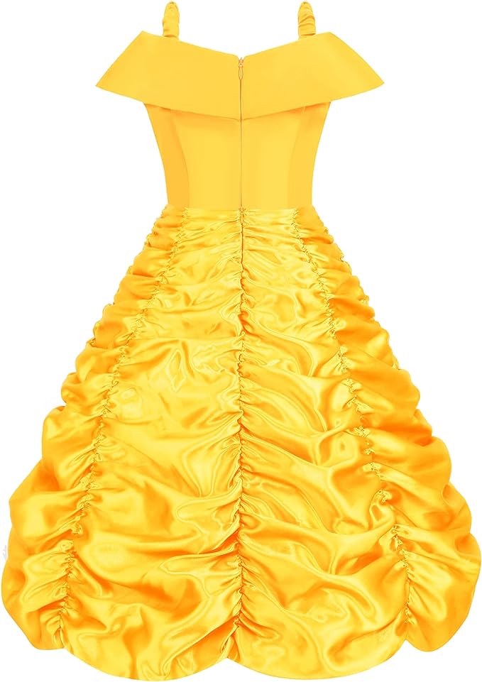 Rochie Belle pentru Copii, Set cu coronita si accesorii, Frumoasa si Bestia, Tesatura fina, 3-4 ani, 110, Galben