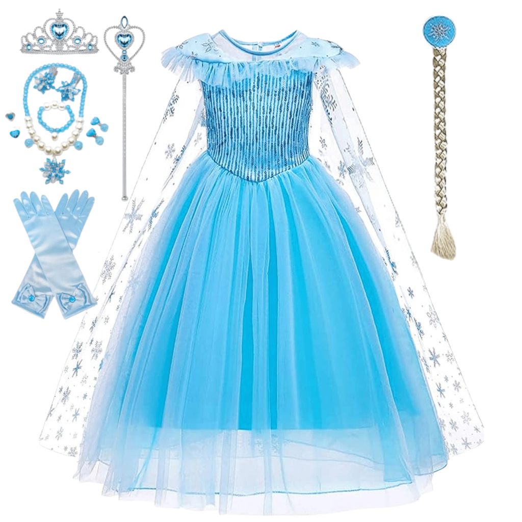 Rochie Elsa Frozen pentru Copii, Set cu Coronita, Coada, Bijuterii si Accesorii, EvrikaUnity®, Tesatura fina, 6-7 ani, 140 cm, Albastru