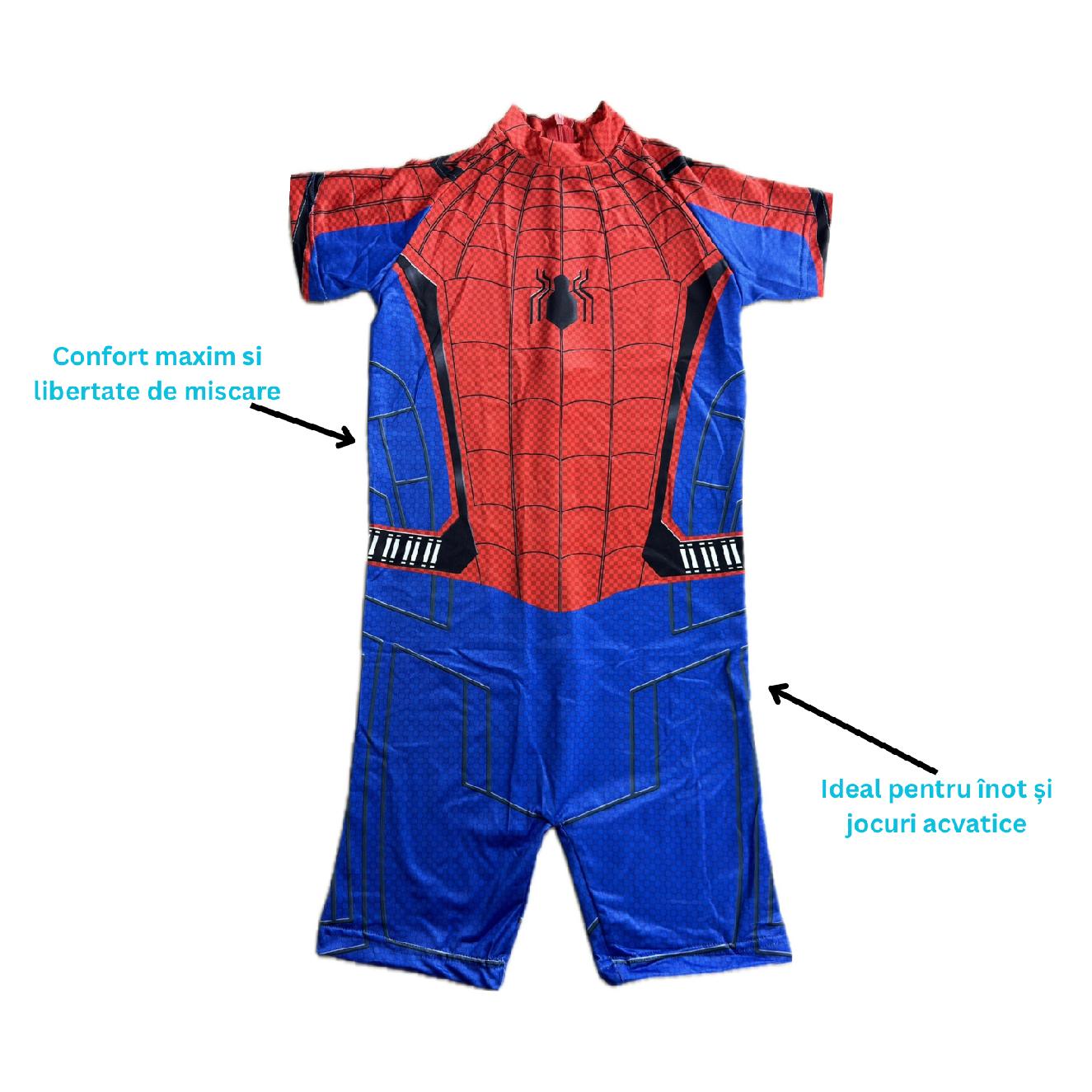 Costum de baie/inot intreg pentru copii, Spiderman, Supererou, Premium Nylon, 5-6 ani, 130 cm, Albastru/ Rosu