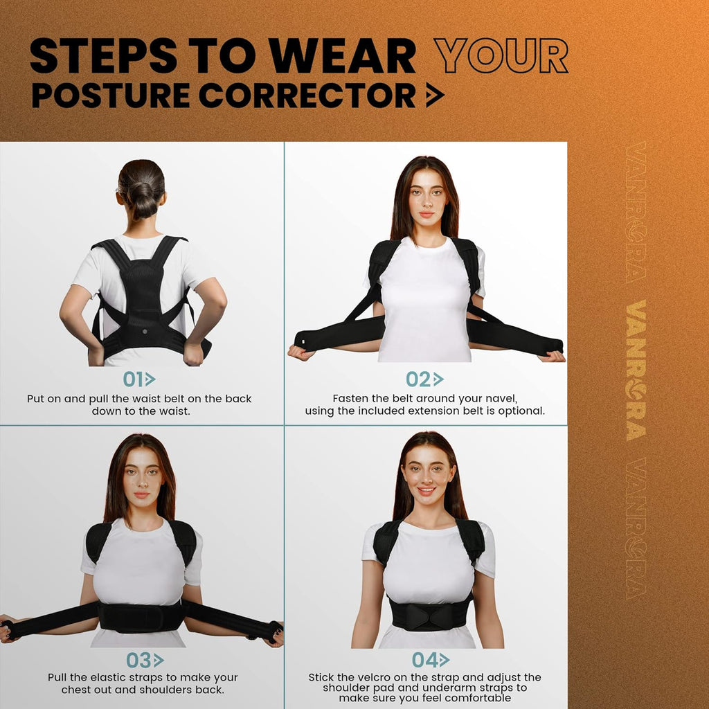 Corset Postural pentru un Spate Armonios, Premium, Suport vertical 360°, Ortopedic, Marimea L, Talie 84-94 cm, Negru, Unisex