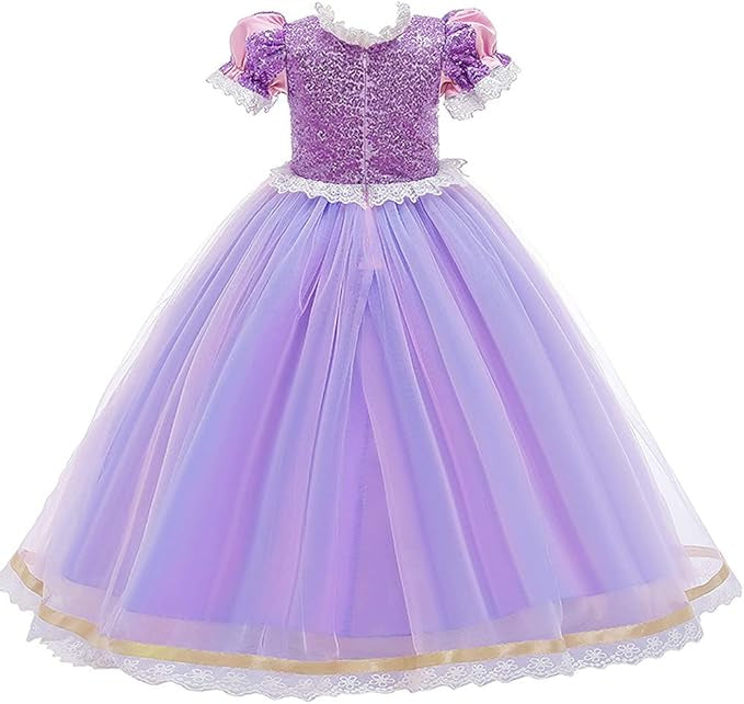 Rochie Printesa Rapunzel pentru Copii, Set cu Coronita si Accesorii, EvrikaUnity®, Tesatura premium, 5-6 ani, 130 cm, Mov