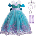 Rochita Sirena de Printesa pentru fete, Set cu Coronita si Accesorii, Tesatura fina, 4-5 ani, 120 cm, Verde smarald/ Mov