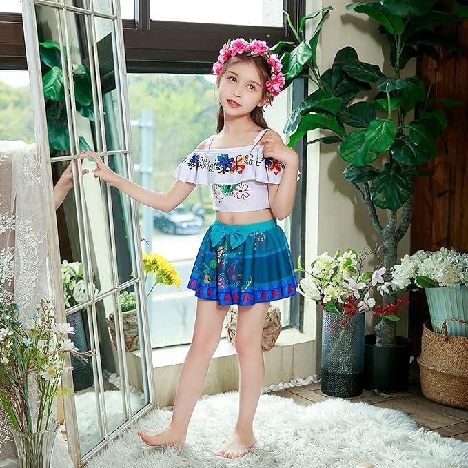Costum de baie/inot din 2 piese pentru fete, Mirabel Encanto, Premium Nylon, 3-4 ani, 110 cm, alb/ albastru