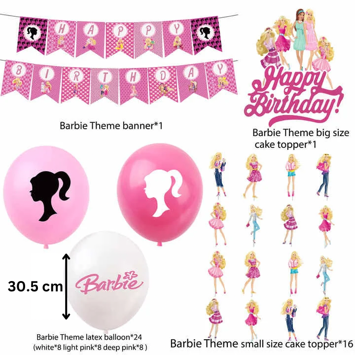 Set 24 baloane copii, Barbie, Barbieland, Petrecere Aniversara, EvrikaUnity®, Latex, 1 Banner Happy Birthday, 16 Cupcake Topper, 1 Cake Topper, Roz/ Roz deschis/ Alb
