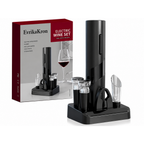 Set Desfacator Electric pentru Vin, EvrikaKron®, Tirbuson Automat Reincarcabil, cu 2 Dop Vacuum, Turnator Aerator, Cutter pentru Folie si Suport Organizator, Negru