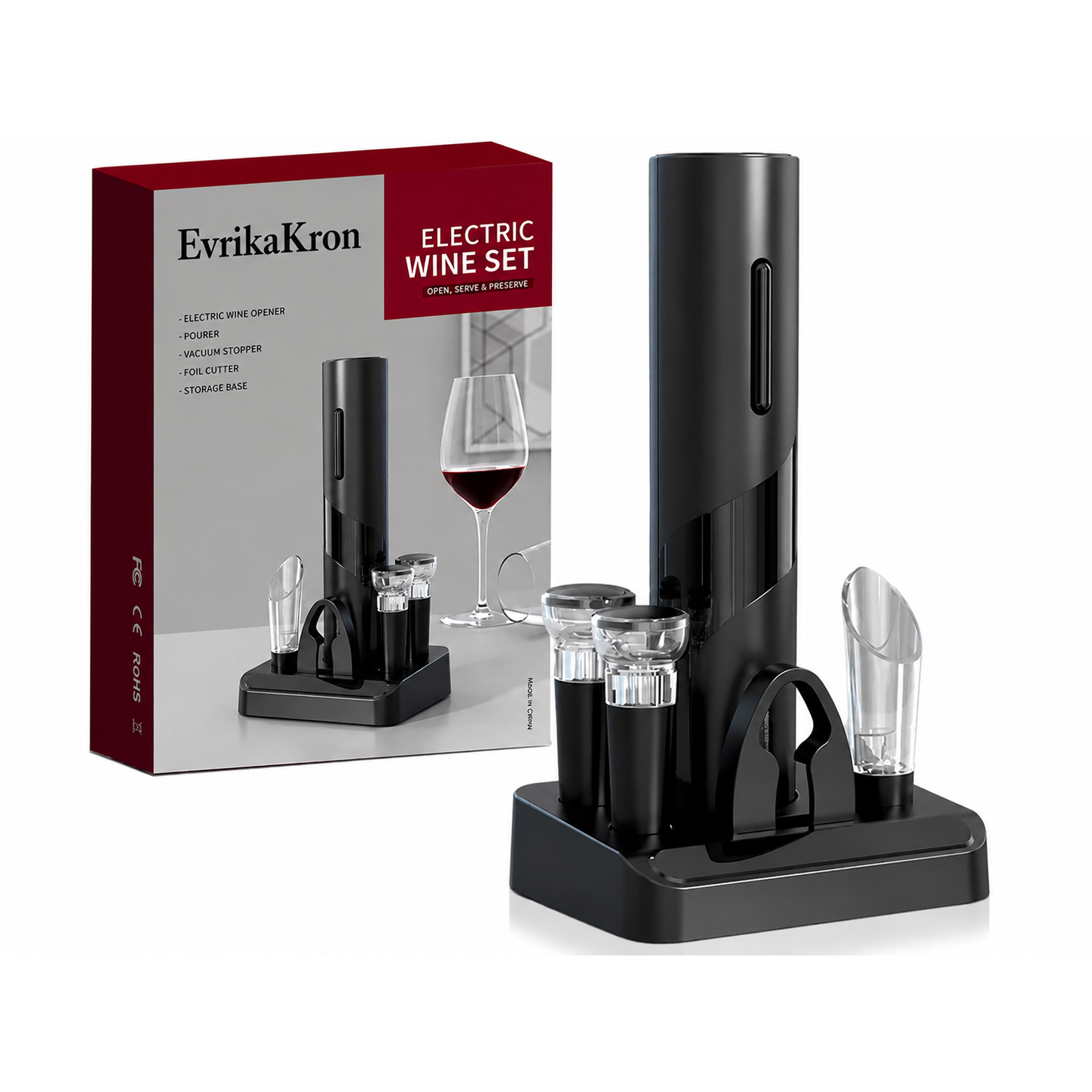 Set Desfacator Electric pentru Vin, EvrikaKron®, Tirbuson Automat Reincarcabil, cu 2 Dop Vacuum, Turnator Aerator, Cutter pentru Folie si Suport Organizator, Negru