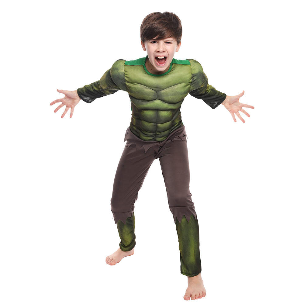Costum Hulk cu Muschi pentru copii, Set cu Masca, Transforma-te in eroul tau preferet, EvrikaUnity®, Materiale Premium, 5-6 ani, 130cm, Verde