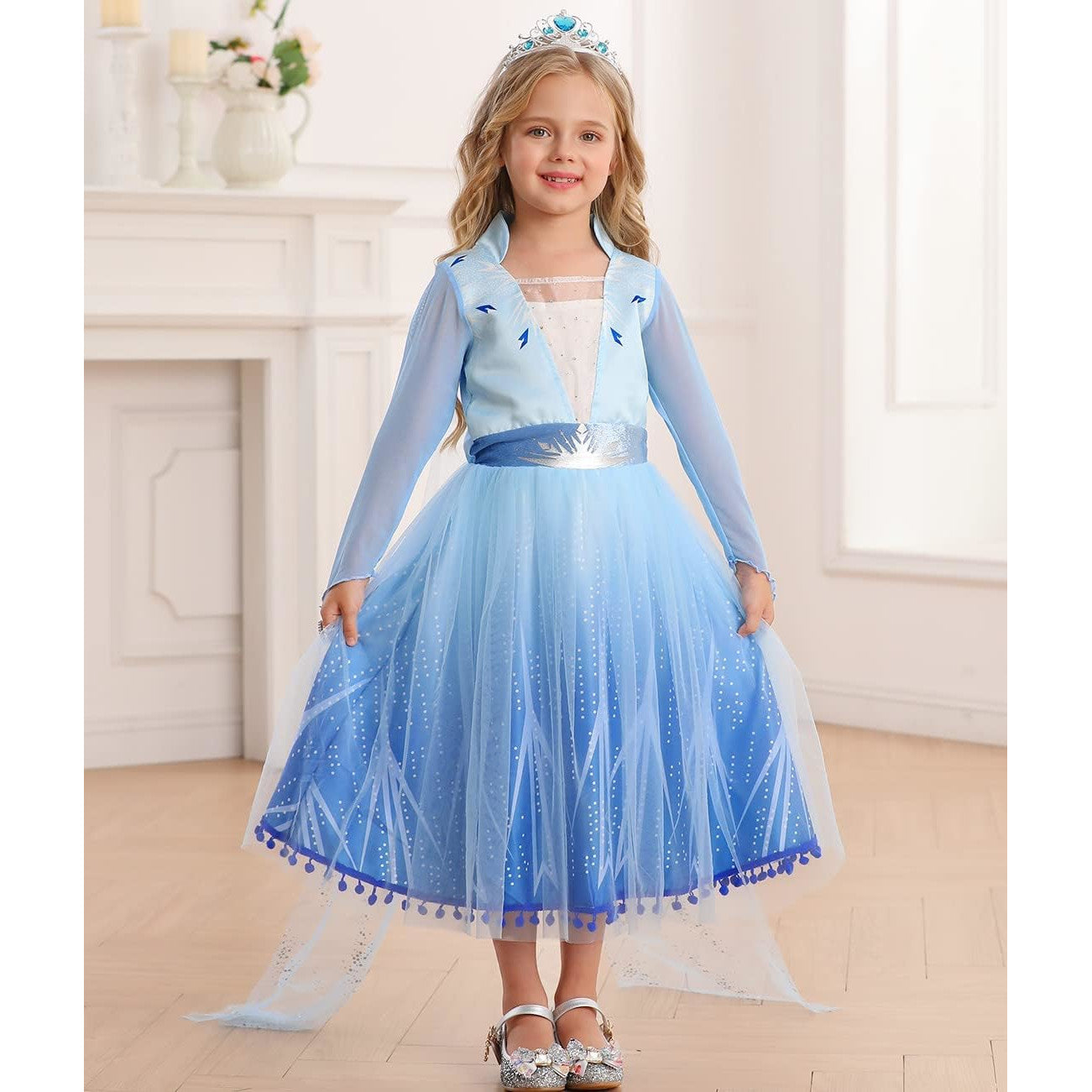 Rochie Elsa Frozen 2 pentru fete, Set cu Coronita, Peruca, Bijuterii si accesorii, EvrikaUnity®, Regina Ghetii, Tesatura Premium, 5-6 ani, 130 cm, Albastru Imperial