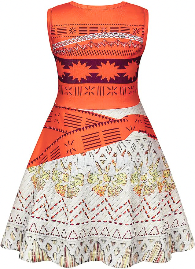 Costum Moana pentru copii, Set cu colier si agrafa floare, EvrikaUnity®, Tesatura Premium, 3-4 ani, 110 cm, Portocaliu
