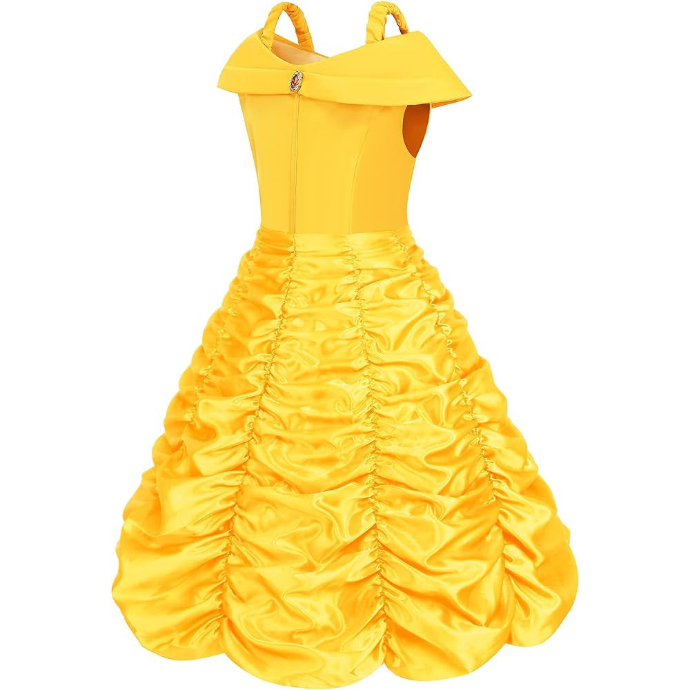 Rochie Belle pentru Copii, Set cu coronita si accesorii, Frumoasa si Bestia, Tesatura fina, 6-7 ani, 140, Galben