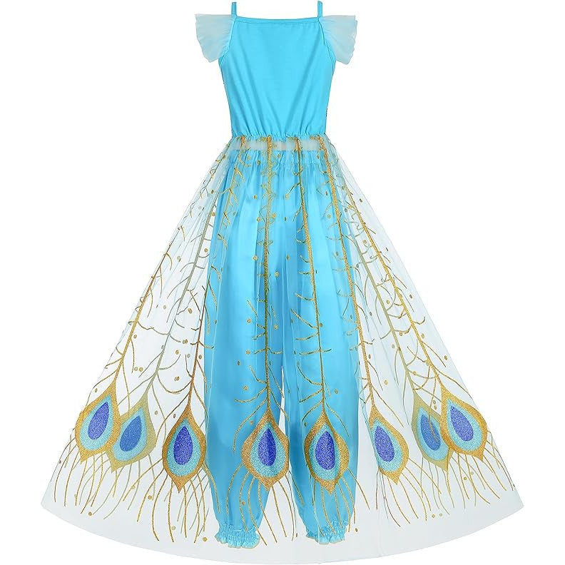 Costum Printesa Jasmine pentru Copii, Set cu Coronita si Accesorii, EvrikaUnity®, 3-4 ani, 110 cm, Albastru