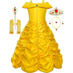 Rochie Belle pentru Copii, Set cu coronita si accesorii, Frumoasa si Bestia, Tesatura fina, 6-7 ani, 140, Galben