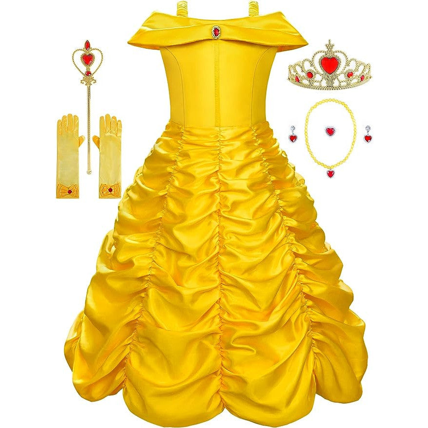 Rochie Belle pentru Copii, Set cu coronita si accesorii, Frumoasa si Bestia, Tesatura fina, 6-7 ani, 140, Galben