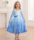 Rochie Elsa Frozen 2 pentru copii, Set cu coronita, peruca si accesorii, EvrikaUnity®, Regina Ghetii, Tesatura Premium, 4-5 ani, 120 cm, Albastru imperial