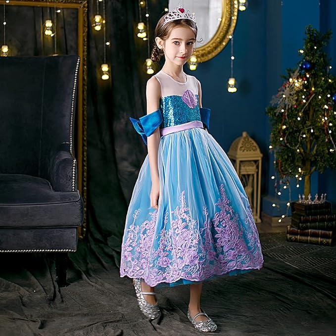 Rochita Sirena de Printesa pentru fete, Set cu Coronita si Accesorii, Tesatura fina, 3-4 ani, 110 cm, Verde smarald/ Mov