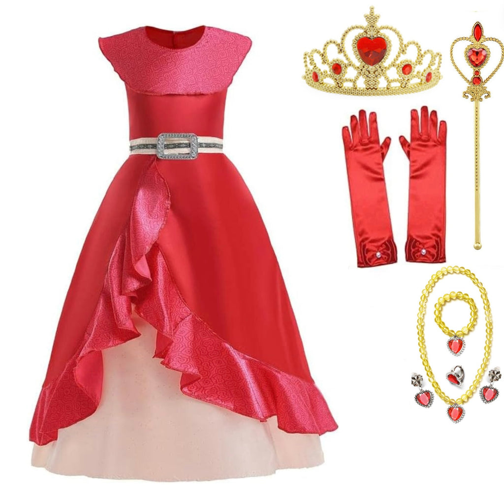 Rochita Printesa Elena din Avalor, Set cu Coronita si Accesorii, Tesatura Fina, 3-4 ani, 110 cm, Rosu
