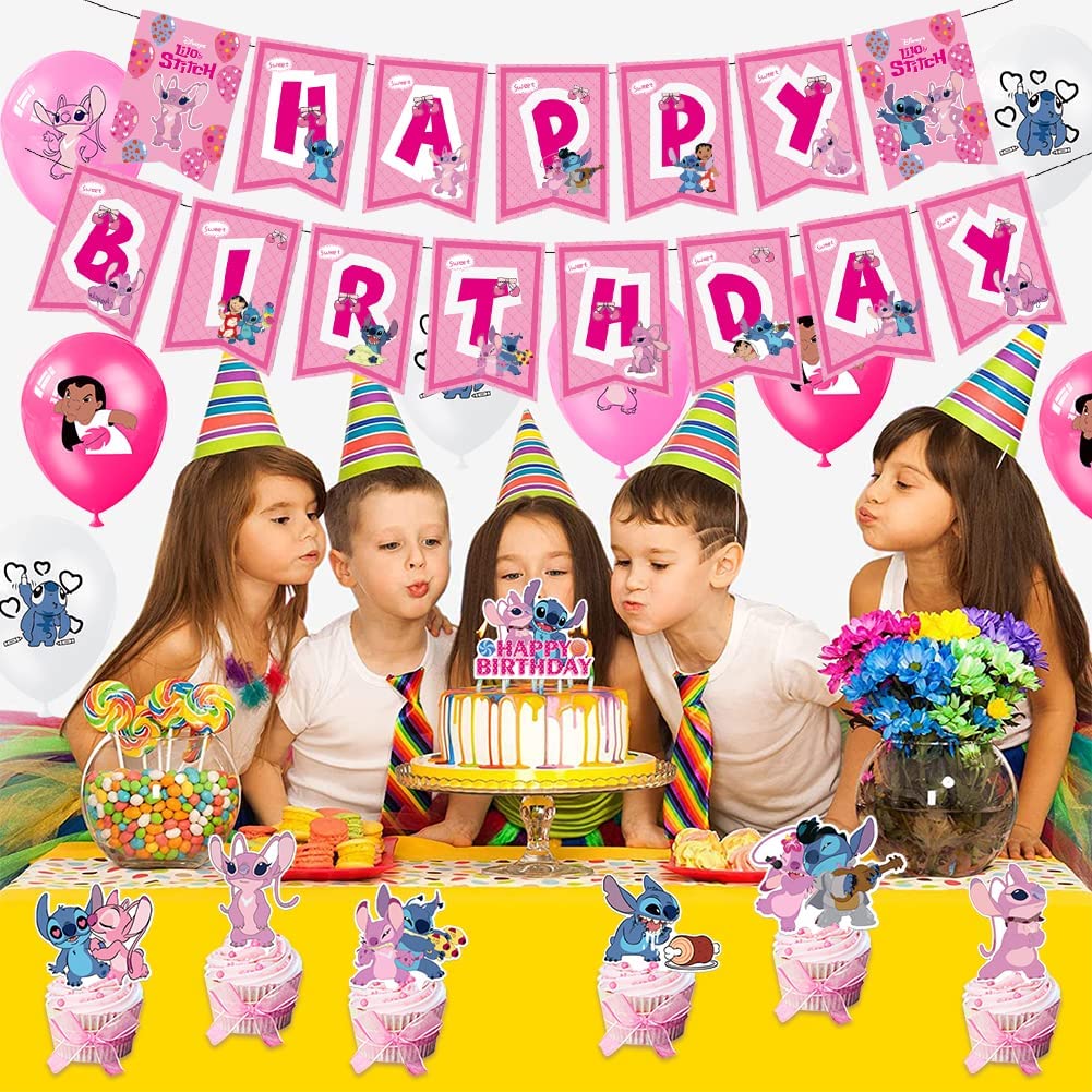 Set 18 baloane copii, Lilo & Stitch, Petrecere Aniversara, Latex, 1 Banner Happy Birthday, 12 Cupcake Topper, 1 Cake Topper, Roz/ Alb