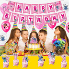 Set 18 baloane copii, Lilo & Stitch, Petrecere Aniversara, Latex, 1 Banner Happy Birthday, 12 Cupcake Topper, 1 Cake Topper, Roz/ Alb