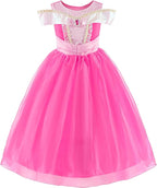 Rochita Printesa Aurora pentru copii, Set cu coronita si accesorii, EvrikaUnity®, Frumoasa din padurea adormita, Tesatura Premium, 6-7 ani, 140 cm, roz