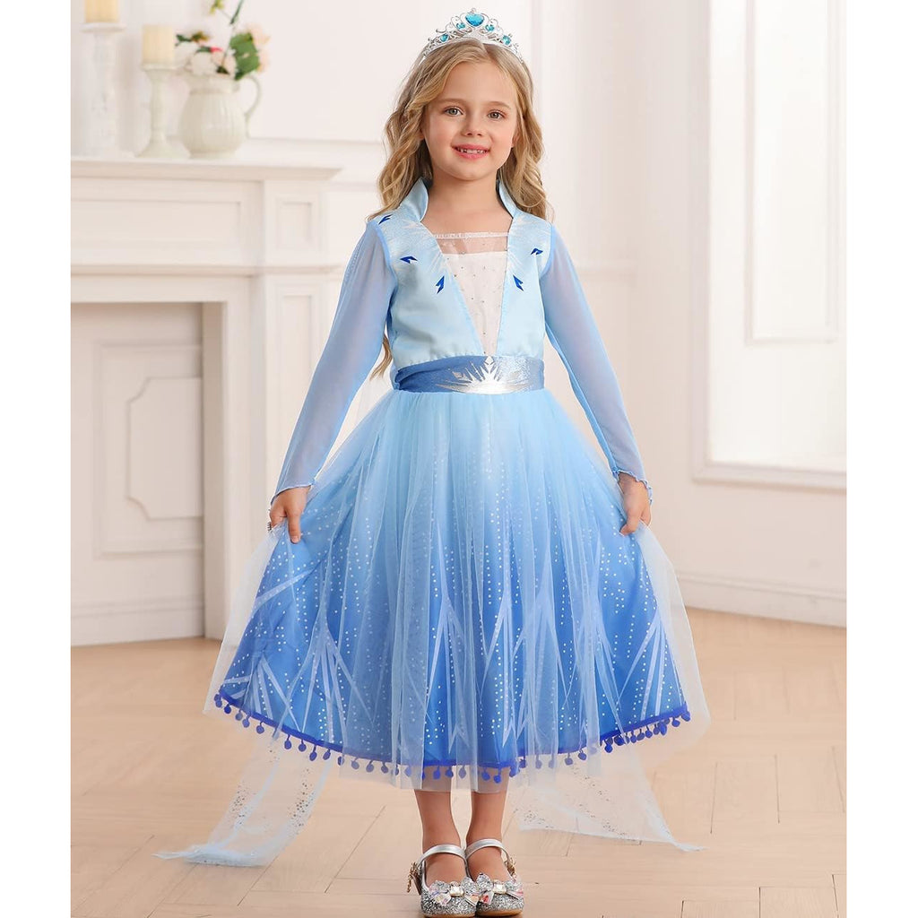 Rochie Elsa Frozen 2 pentru fete, Set cu Coronita, Peruca, Bijuterii si accesorii, EvrikaUnity®, Regina Ghetii, Tesatura Premium, 6-7 ani, 140 cm, Albastru Imperial