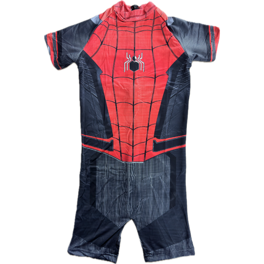 Costum de baie/inot intreg pentru copii, Spiderman, Supererou, Premium Nylon, 5-6 ani, 130 cm, Rosu/ Negru