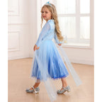 Rochie Elsa Frozen 2 pentru fete, Set cu Coronita, Peruca, Bijuterii si accesorii, EvrikaUnity®, Regina Ghetii, Tesatura Premium, 4-5 ani, 120 cm, Albastru Imperial