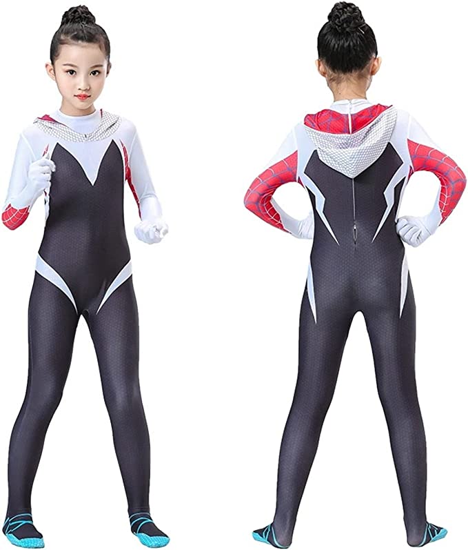 Costum Copii Gwen Spiderman, Marvel, Caracter Fata, Lycra, 10-11 ani, 135-145, Alb / Negru