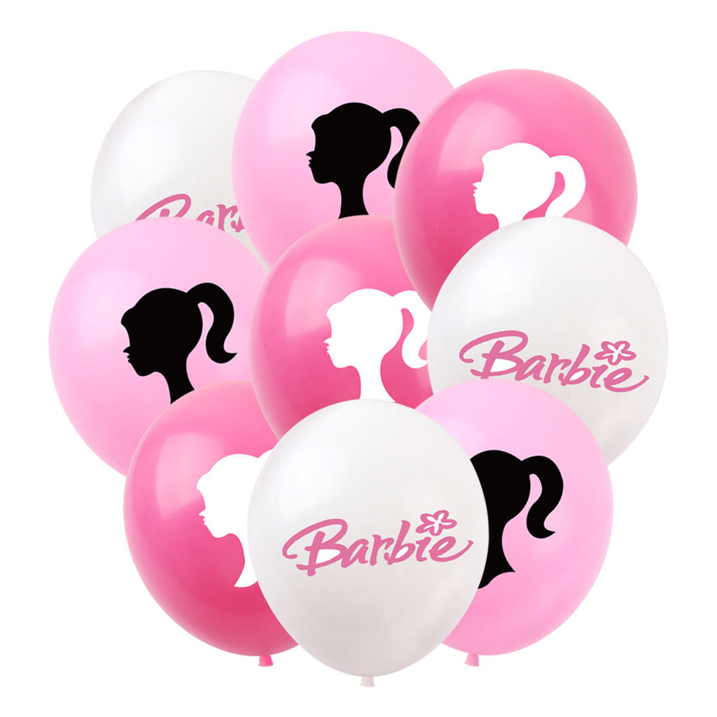 Set 24 baloane copii, Barbie, Barbieland, Petrecere Aniversara, EvrikaUnity®, Latex, 1 Banner Happy Birthday, 16 Cupcake Topper, 1 Cake Topper, Roz/ Roz deschis/ Alb