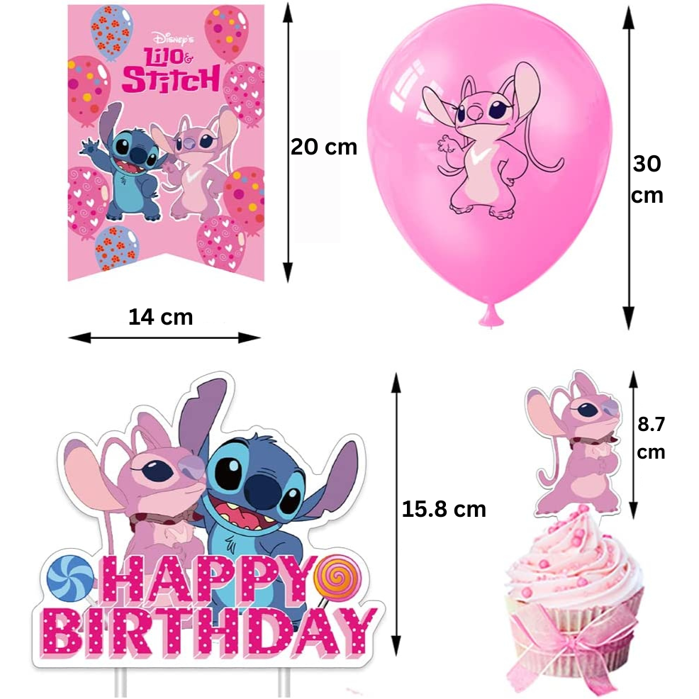 Set 18 baloane copii, Lilo & Stitch, Petrecere Aniversara, Latex, 1 Banner Happy Birthday, 12 Cupcake Topper, 1 Cake Topper, Roz/ Alb